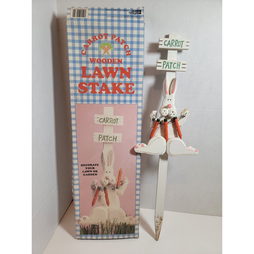 GiftCo Rabbit Bunny Vintage Carrot Patch Wooden Yard Stake Box Spring Easter